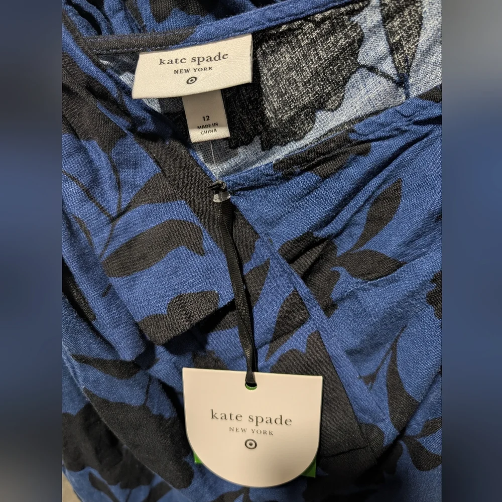 Kate Spade Classic Rose Jumpsuit - Blue & Black Floral - Linen Blend - Size 12 - Picture 7 of 8